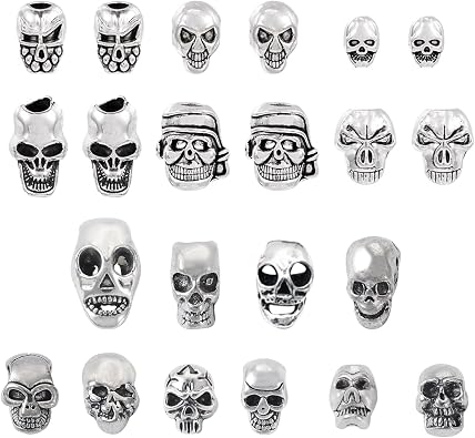 Beadthoven 74Pcs Halloween Skeleton Skull Beads, Assorted Tibetan Silver Skull Head Beads Antique Alloy Metal Head Spacers for Jewelry Making Necklace Bracelet DIY Crafts Supplies