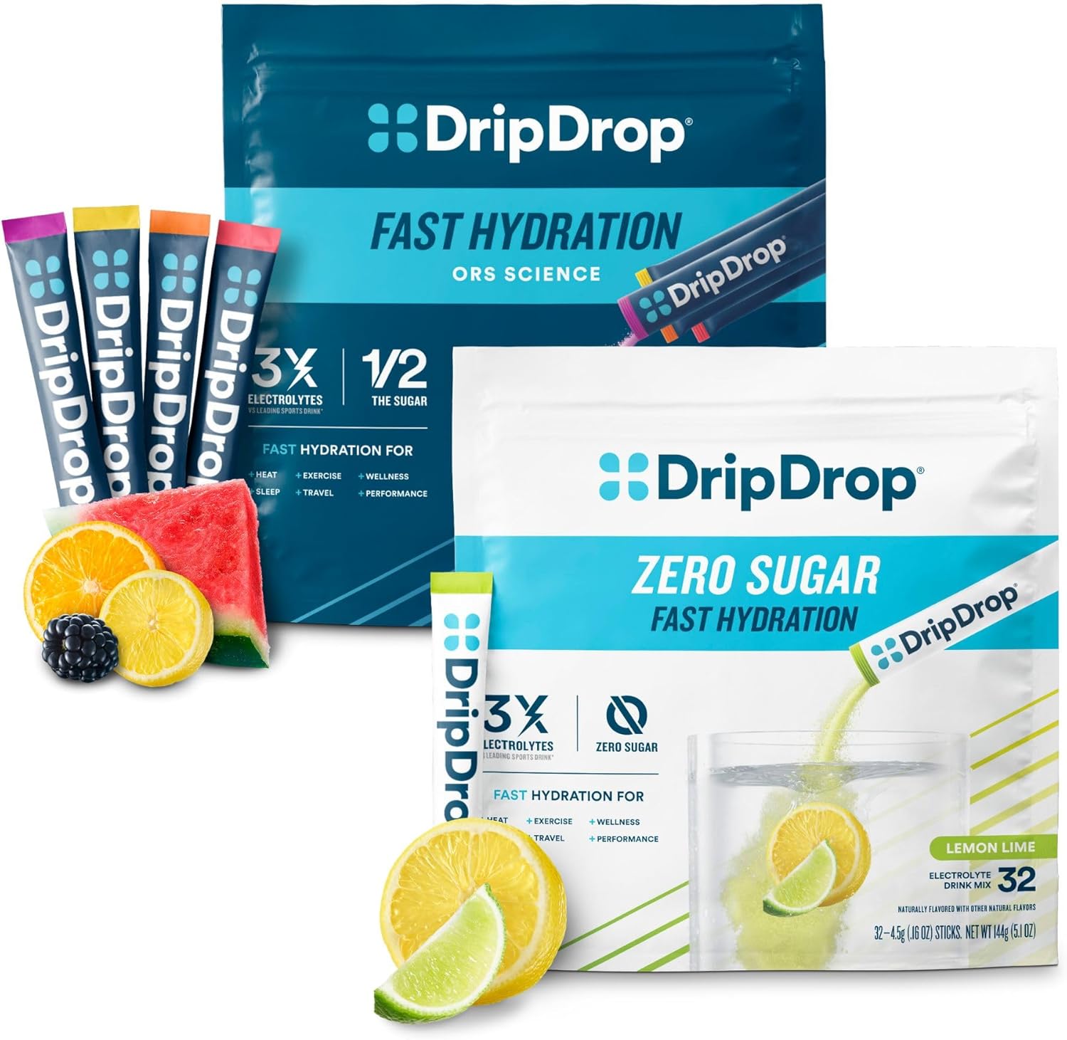 DripDrop Hydration - Electrolyte Powder Packets - Watermelon, Berry, Orange, Lemon & Zero Sugar Lemon Lime - 64 Count