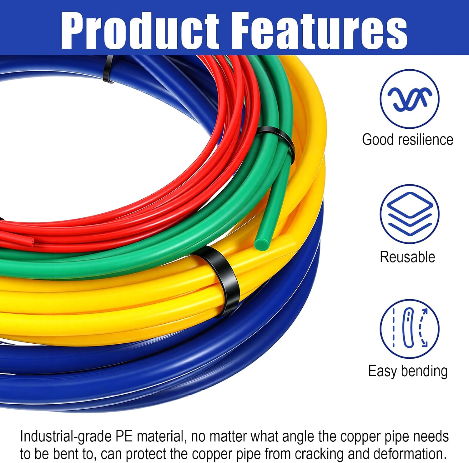 4 Pcs 4M Conditioning Copper Tubing Extension Copper Tube Bender Kit with PE Plastic Strips, 1/4" 3/8" 1/2" 5/8" Sizes (Blue, Yellow, Green, Red)