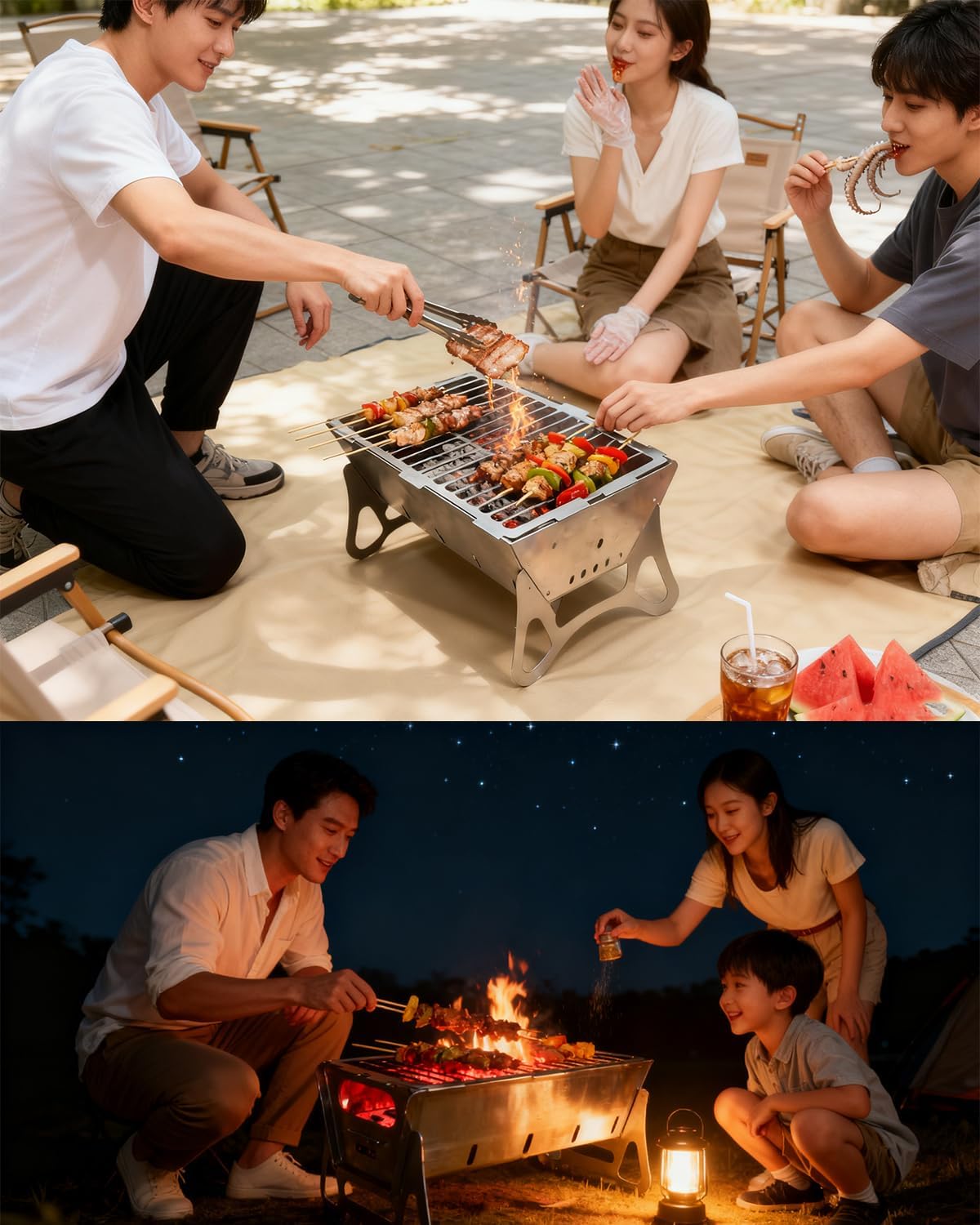 zeng portable charcoal grill– Stainless Steel bbq Foldable charcoal small grill for Outdoor Cooking, Camping, Picnics (14.96"x8.66"x7.68", 7.5 lbs)