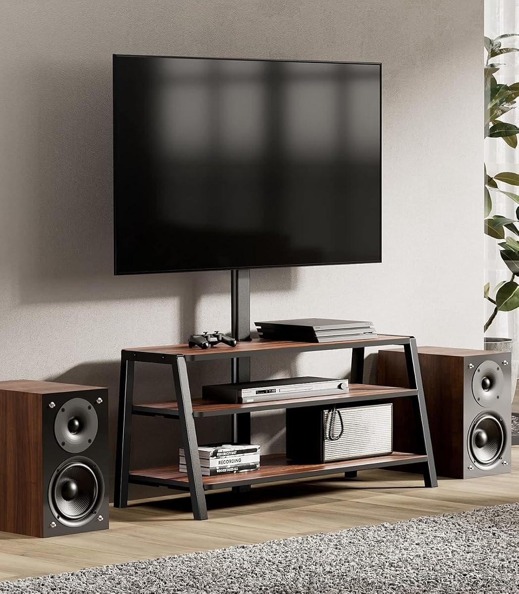 FITUEYES 3-Tier Floor TV Stand with Storage for 37-70 Inch TVs, Walnut | Entertainment Center Stand with Height Adjustable, TV Console Stands with Board & Cable Management, VESA 600x400mm