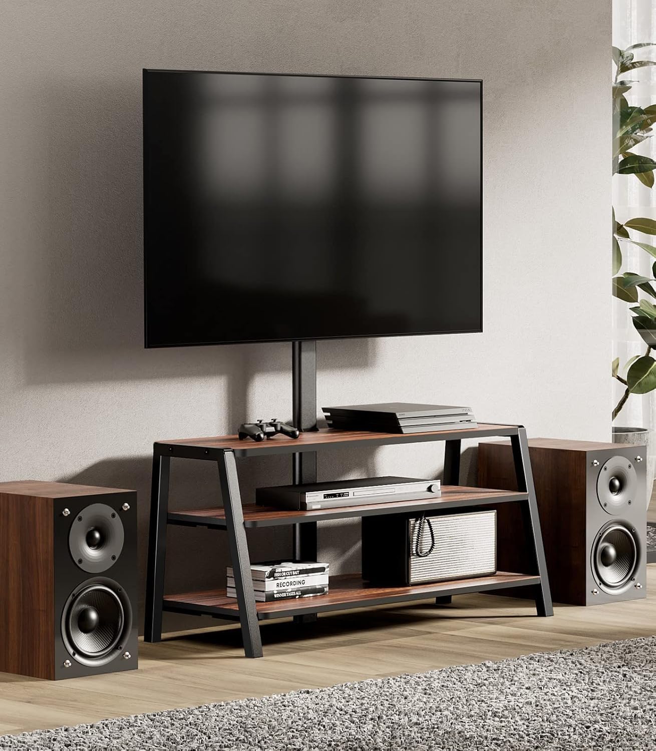 FITUEYES Wood TV Stand with Mount for 32-55 inch TVs, 2 Tier Entertainment Center with Storage for Bedroom & Corner, Tall Wooden TV Mount Stands & Metal Mount - Max Load 77lbs for Flat Screen