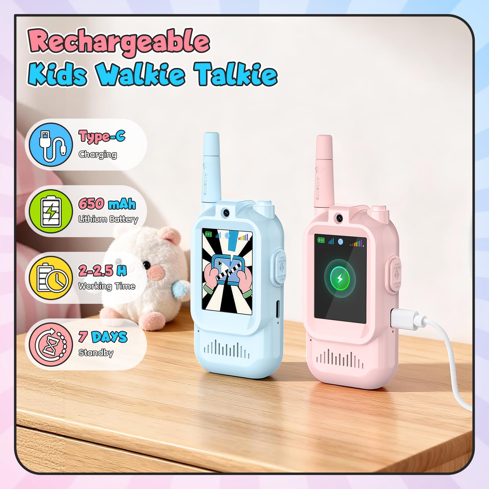 Video Talkie Walkie Enfants, 2 Pack Talkie Walkies Rechargeable avec Voix Changée & Caméra HD, Talkie- Walki e Longue Portée, Jouet Cadeaux pour Garçons/Filles de 3 à 12 Ans