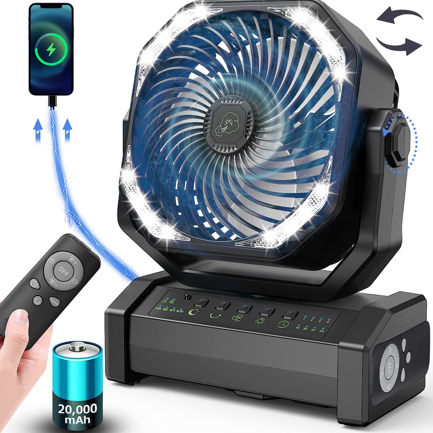 【自動首振り＆20000mAh】 扇風機 キャンプ アウトドア 充電式ファン 充電式扇風機 コードレス リモコン付き 切タイマー ポータブル 小型 屋外 サーキュレーター 二重反転ファン 風力4段階 LEDライト 吊り下げ 強力送風 暑さ対策 アウトドア用 災害対策 ブラック