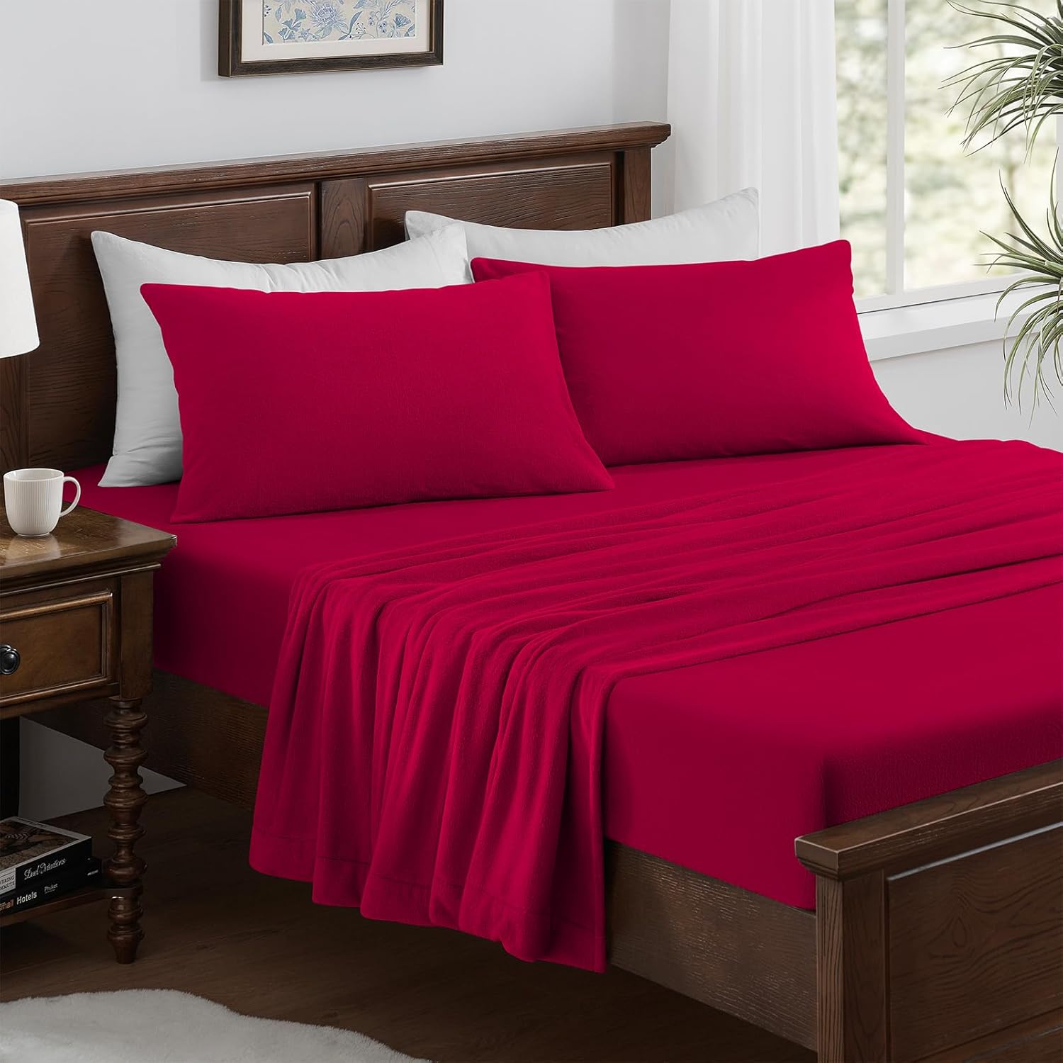 Petrichor Flannel Fleece King Size Sheet Set Red–Ultra Soft Anti-Static Plush Bedding,4 Piece(1 Fitted Sheet80×78"×16",1 Flat Sheet102×108",2 Pillowcases40×20")