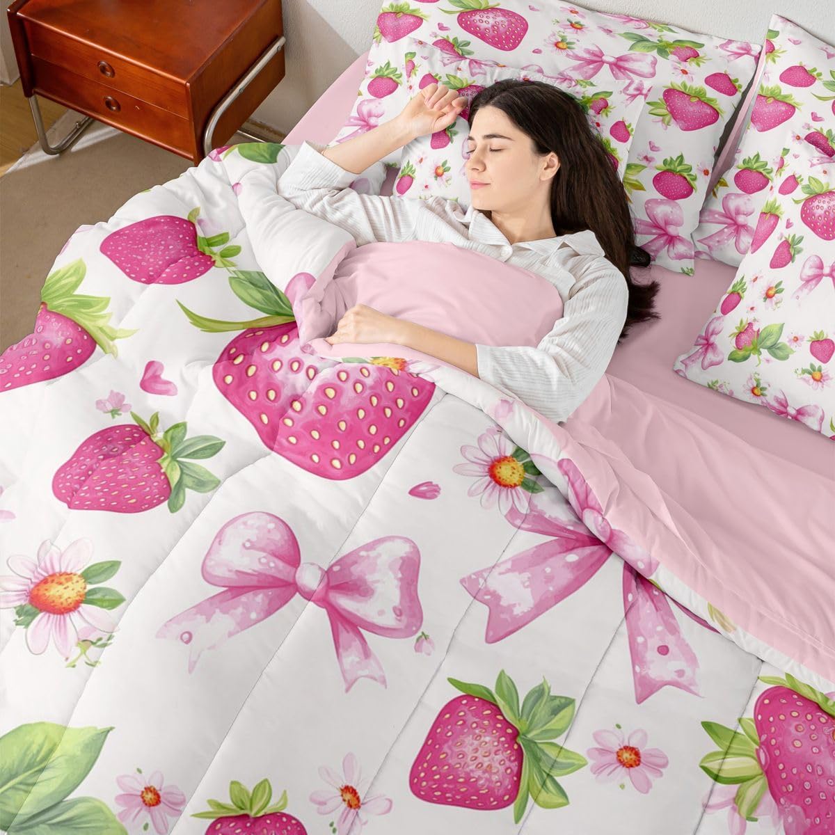 Erosebridal Cute Pink Bowknot 7 Piece Bedding Set Queen Size Strawberry Bed in A Bag Ribbon Bow Comforter with Sheets Bow Tie Bed Sets