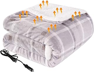 Westinghouse Heated Car Blanket with 3 Heating Levels, 4 Hours Auto Off, 12 Volt Electric Blanket for Car, Truck, SUV, RV, Machine Washable, 59" x 43”, (Beige Buffalo Plaid)