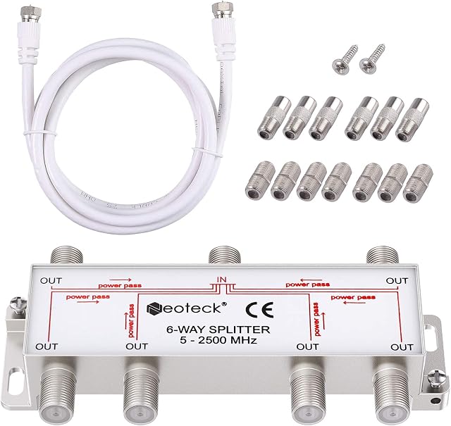 Neoteck 6 Way Sky Cable Splitter Satellite TV Aerial Cable Splitter Kit F Connector Male to Female Broadhand Splitter with 1.5m Coax Cable F Plugs