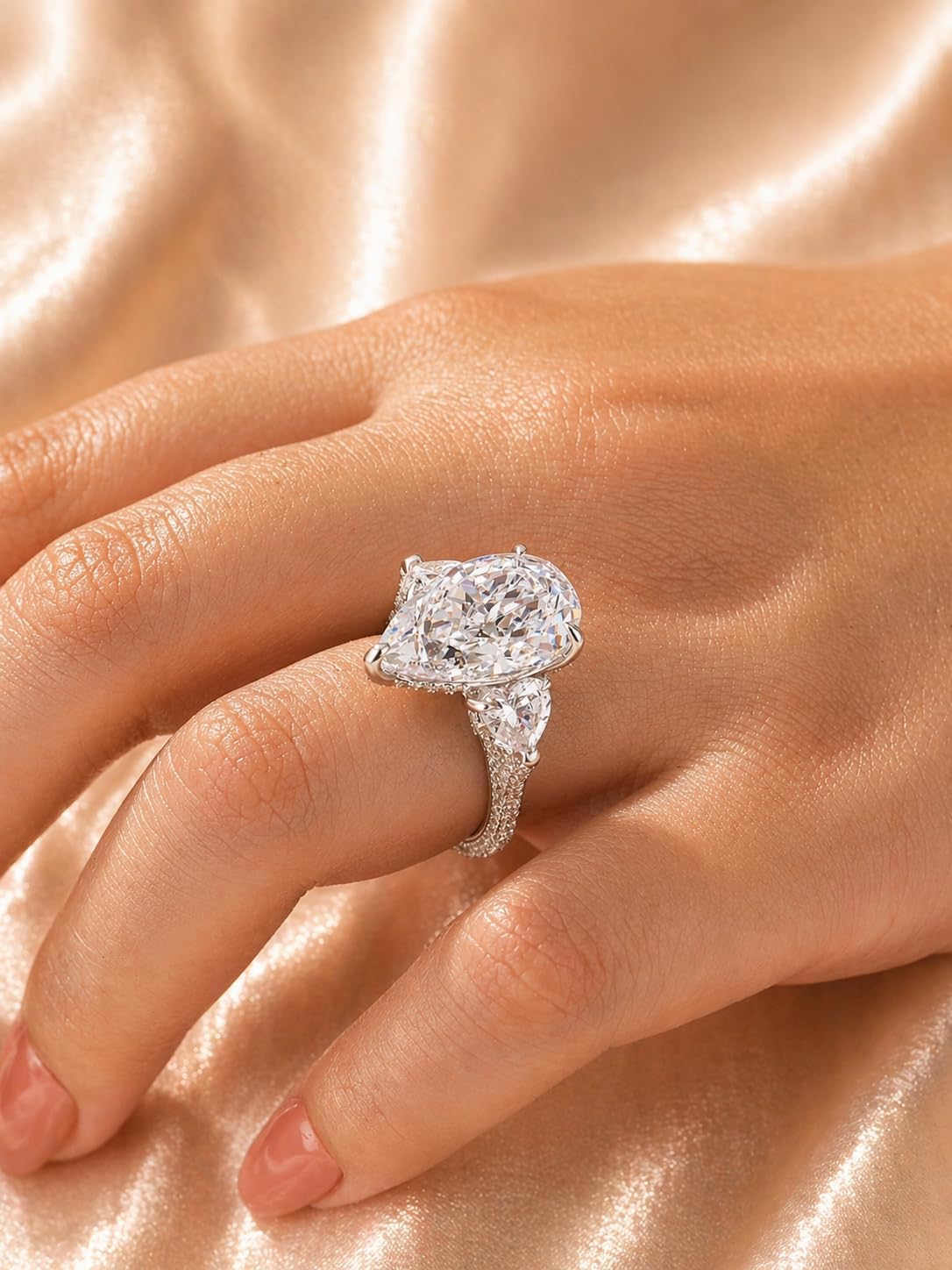 Maxinejewelry Luxury 8.0 CT Pink Stone Pear Cut Engagement Ring for Women, S925 Silver Three-Stone AAAAA Cubic Zirconia Promise Ring
