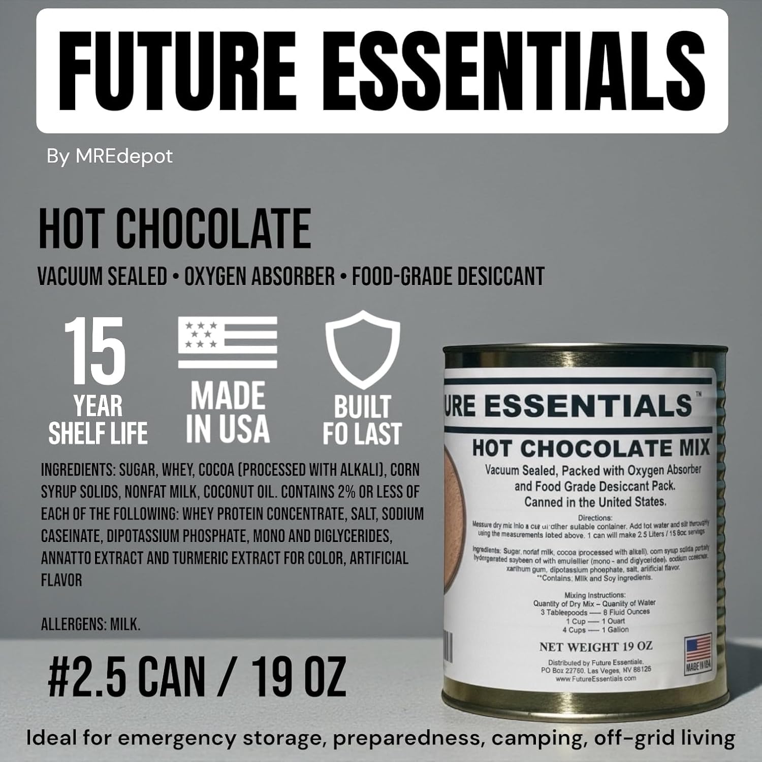 Future Essentials Canned Hot Chocolate Mix – Ready-to-Use Creamy Hot Cocoa Mix for Emergency Kits, Family Use, or Cozy Winter Days – 15-Year Shelf Life – 19 oz Canister (Pack of 6)