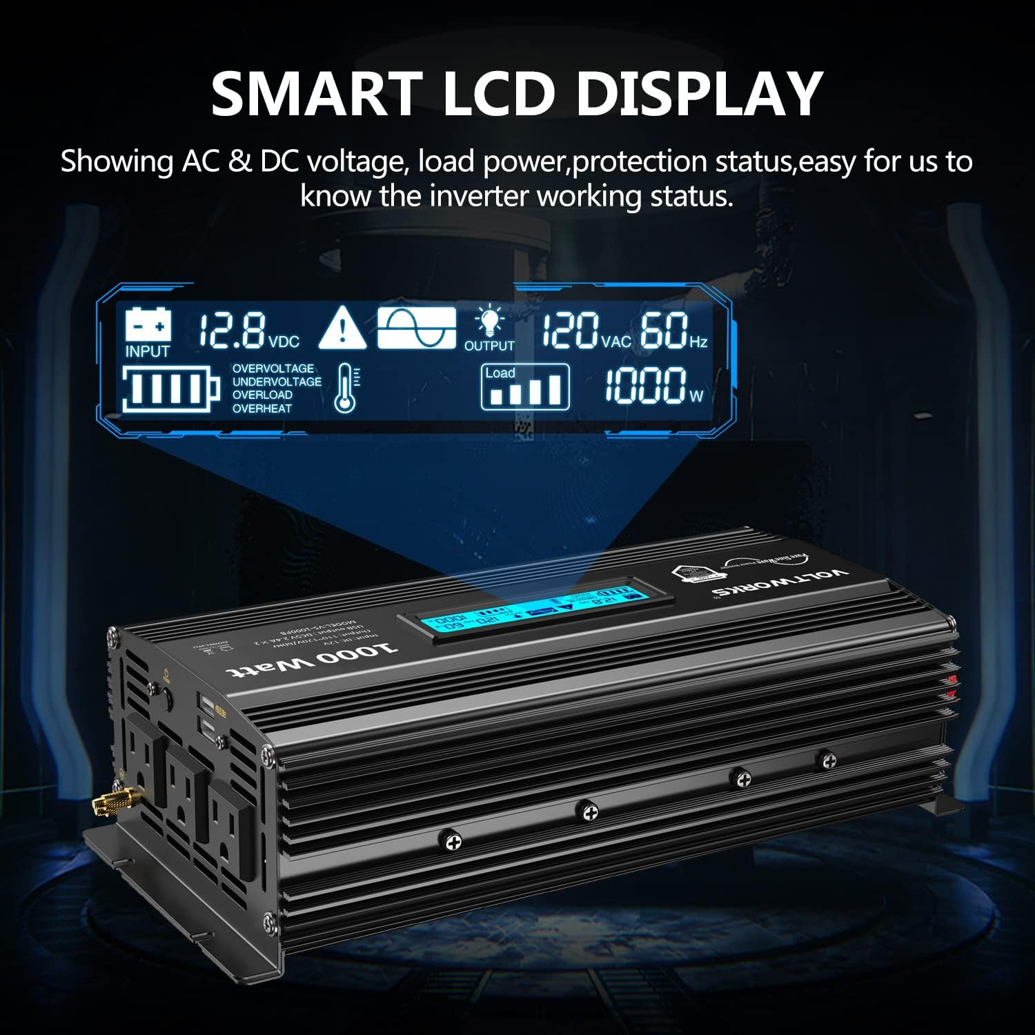 1000 Watt Pure Sine Wave Power Inverter ETL UL458 12V DC to 110V 120V AC 1000W for Home RV Truck Off-Grid Solar Compatible with Lithium Battery with LCD Display [3 Years Warranty] by VOLTWORKS