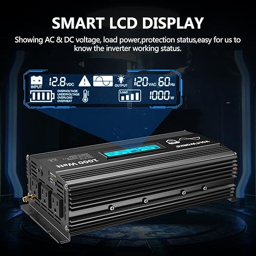 Miniatura 4 de VOLTWORKS Black - Inversor de corriente de onda sinusoidal pura de 1000 vatios CC 12 V a CA 110 V-120 V 1000 W con pantalla LCD y puertos USB duales