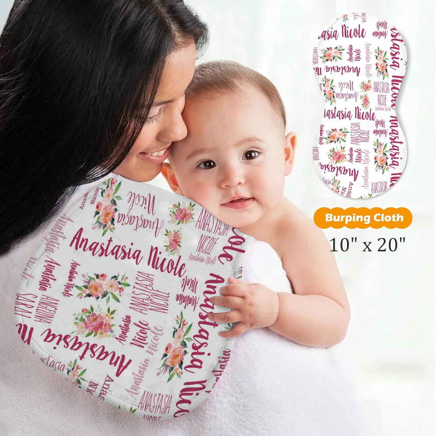 Custom Baby Nursing Swaddling Set: Personalized Custom Name Swaddle Blanket Car Seat Cover Bow Headband Hat Nursing Pillow for Infant Girl Boy Red Pink Flowers Pattern