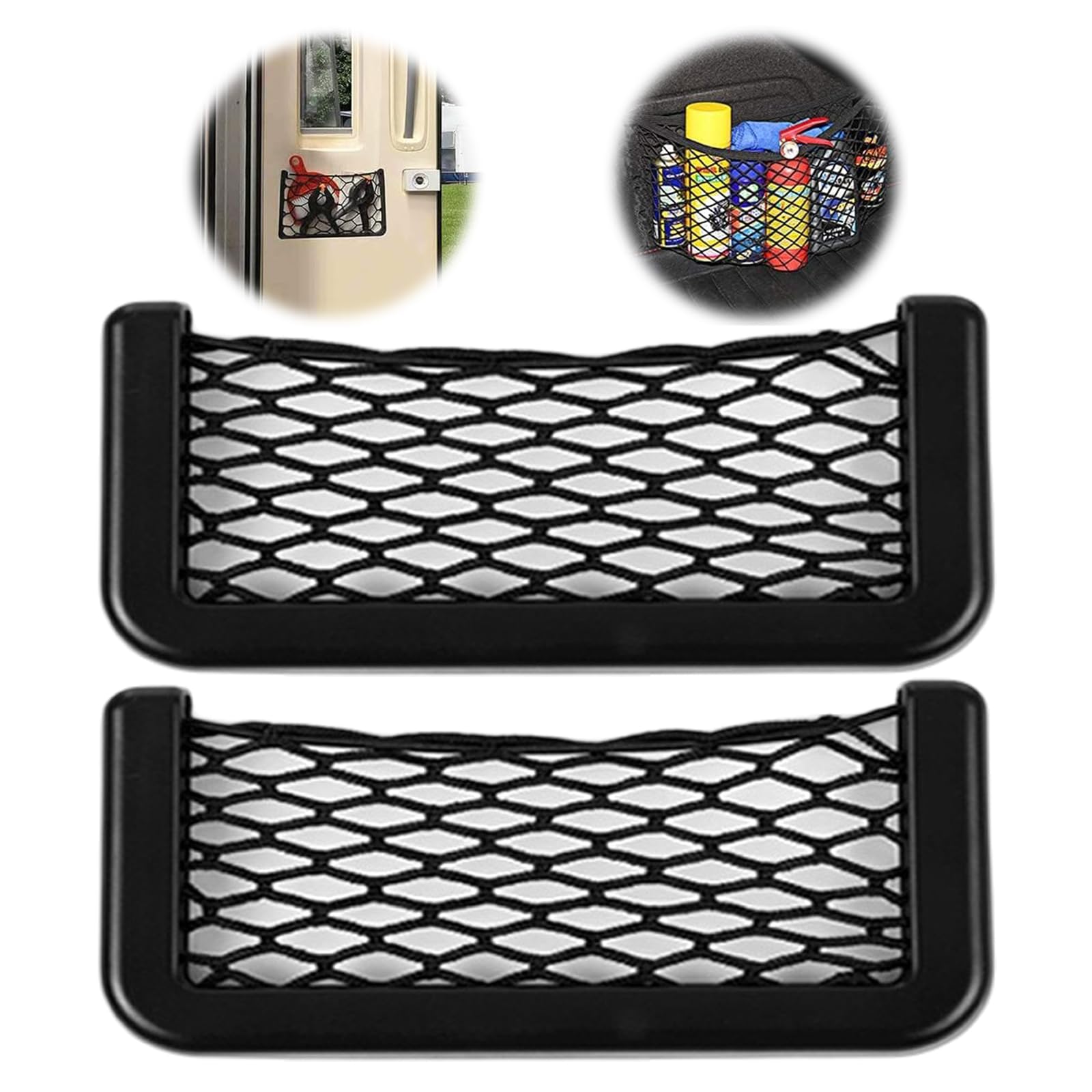 Car Storage Organizer, 2 Pcs Car Bags Black Mesh Organizer Nets with Elastic String Net Pouch and Plastic Frames for Bottles, Groceries and Back Seat