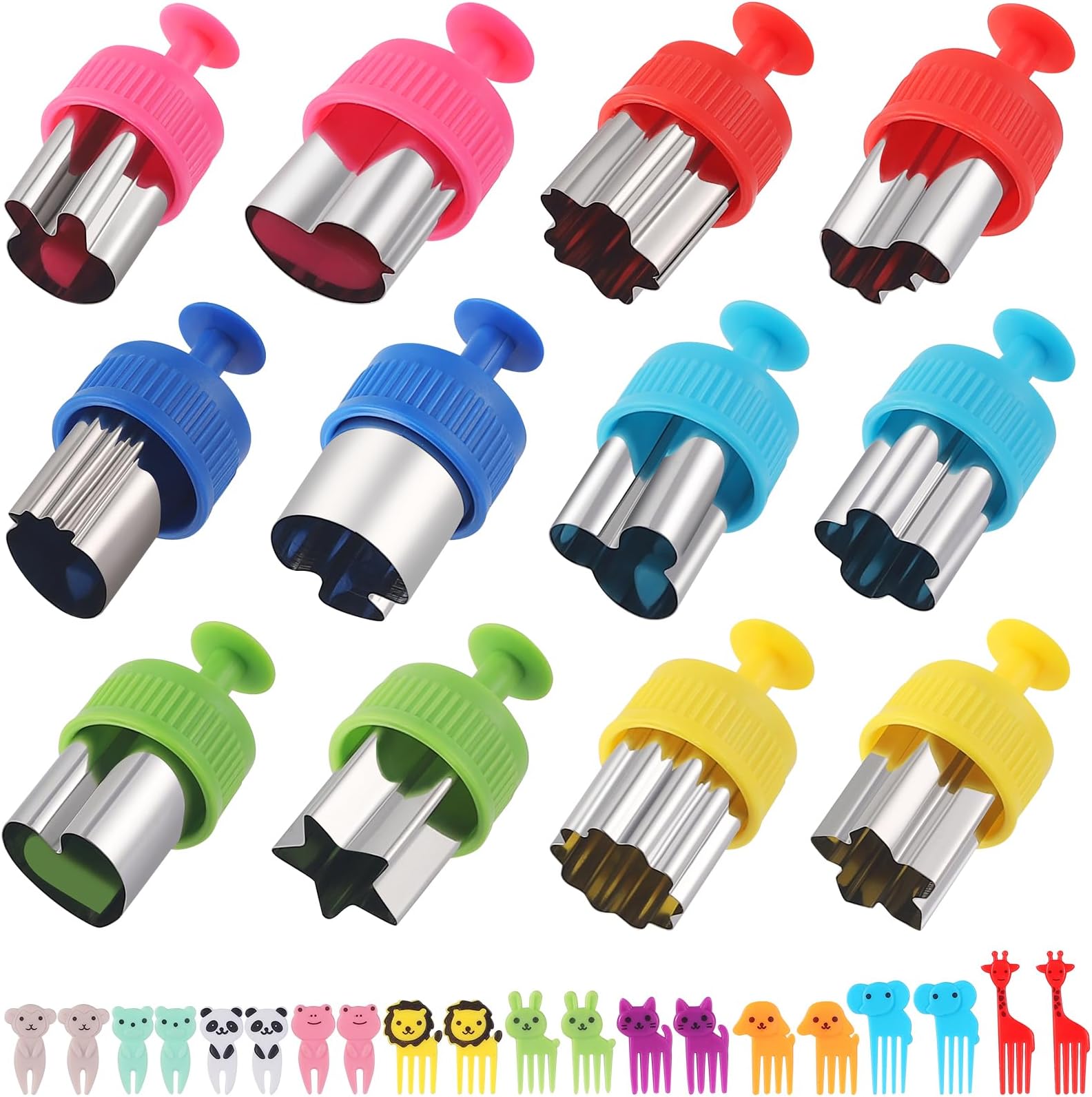 Vegetable Cutters Shapes Set, 12pcs Stainless Steel Mini Cookie Cutters, Vegetable Cutter and Fruit Stamps Mold + 20pcs Cute Cartoon Animals Food Picks and Forks -for Kids Baking and Food Supplement
