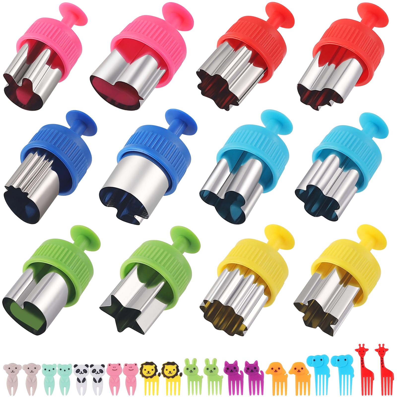 Vegetable Cutters Shapes Set, 12pcs Stainless Steel Mini Cookie Cutters, Vegetable Cutter and Fruit Stamps Mold + 20pcs Cute Cartoon Animals Food Picks and Forks -for Kids Baking and Food Supplement