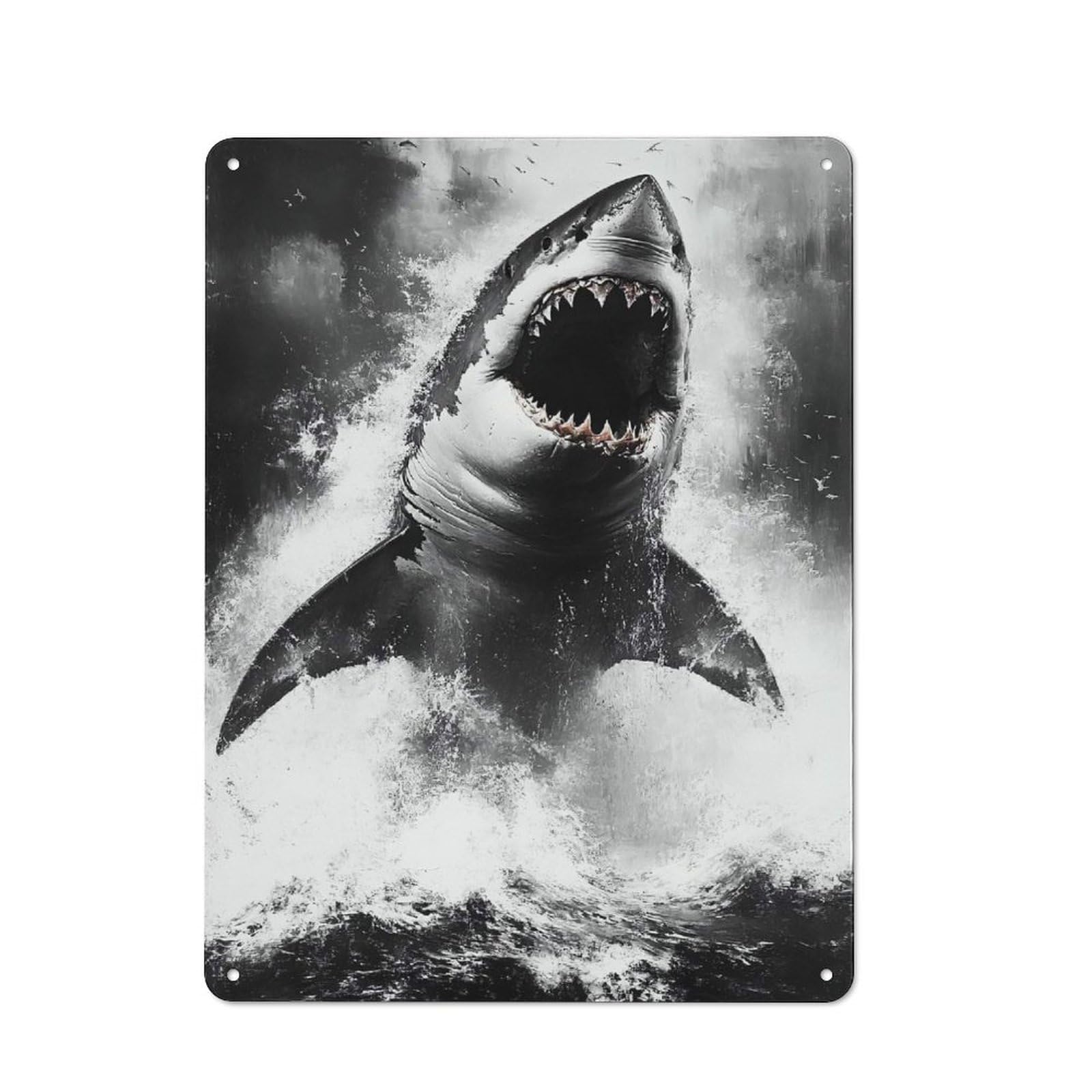 Junmoney Style-3 40X30cm Rustic Metal Plaque With Great White Shark Breaching The Ocean For Café Or Restaurant, For Themed Interiors In Cafés And Restaurants
