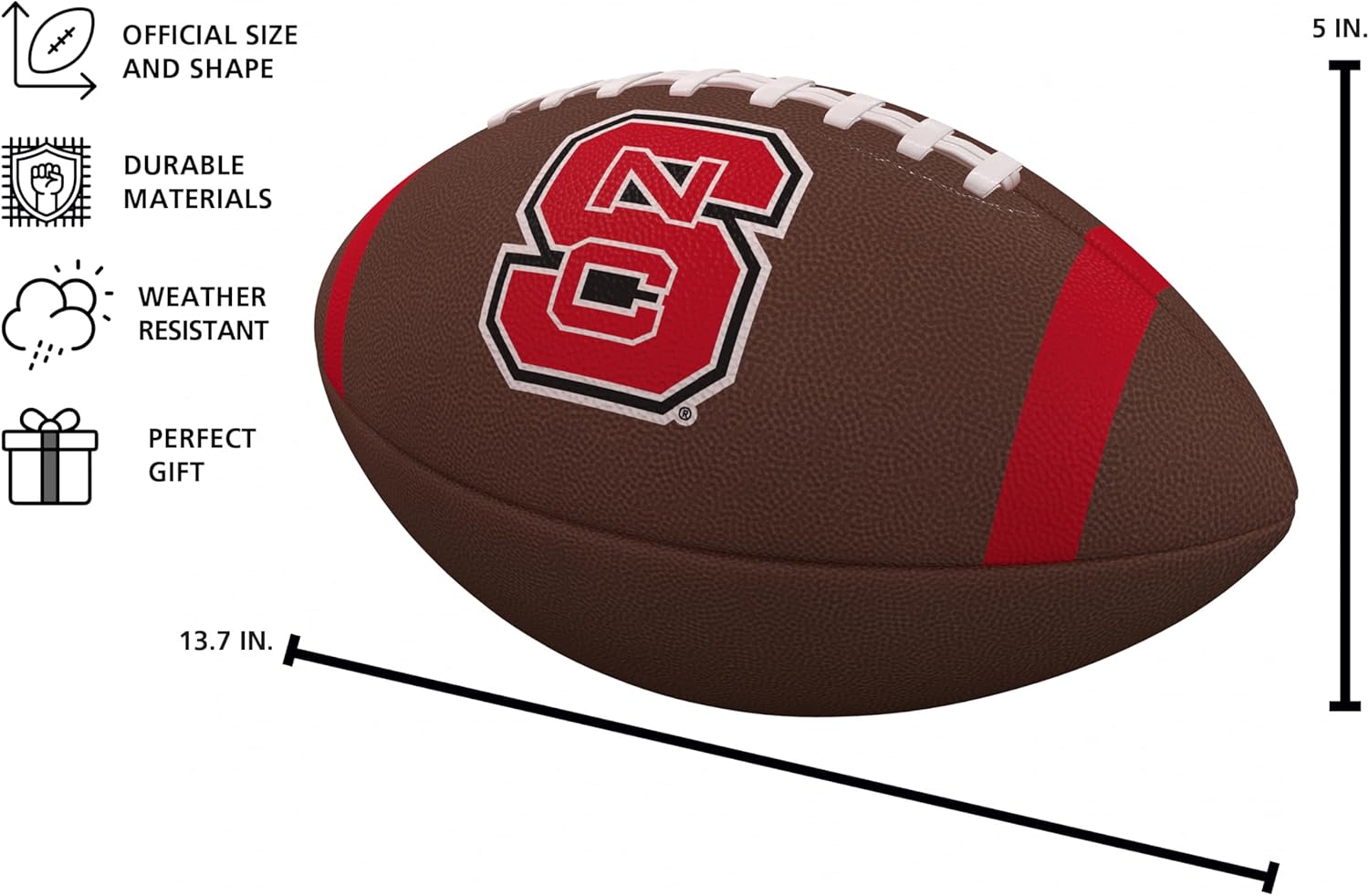 Logo Brands NCAA North Carolina State Wolfpack Full-Size Compsite Football – Team Color Stripe Design | Durable Composite Leather with Grip Laces | Great for Tailgates
