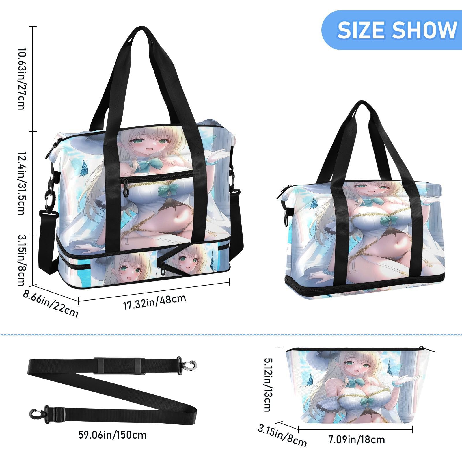 Święty czysty biały elf anime dziewczyna podróżna torba podróżna z mokrą kieszenią regulowany pasek torba podróżna torba na siłownię do treningu duża pojemność dla mężczyzn kobiet