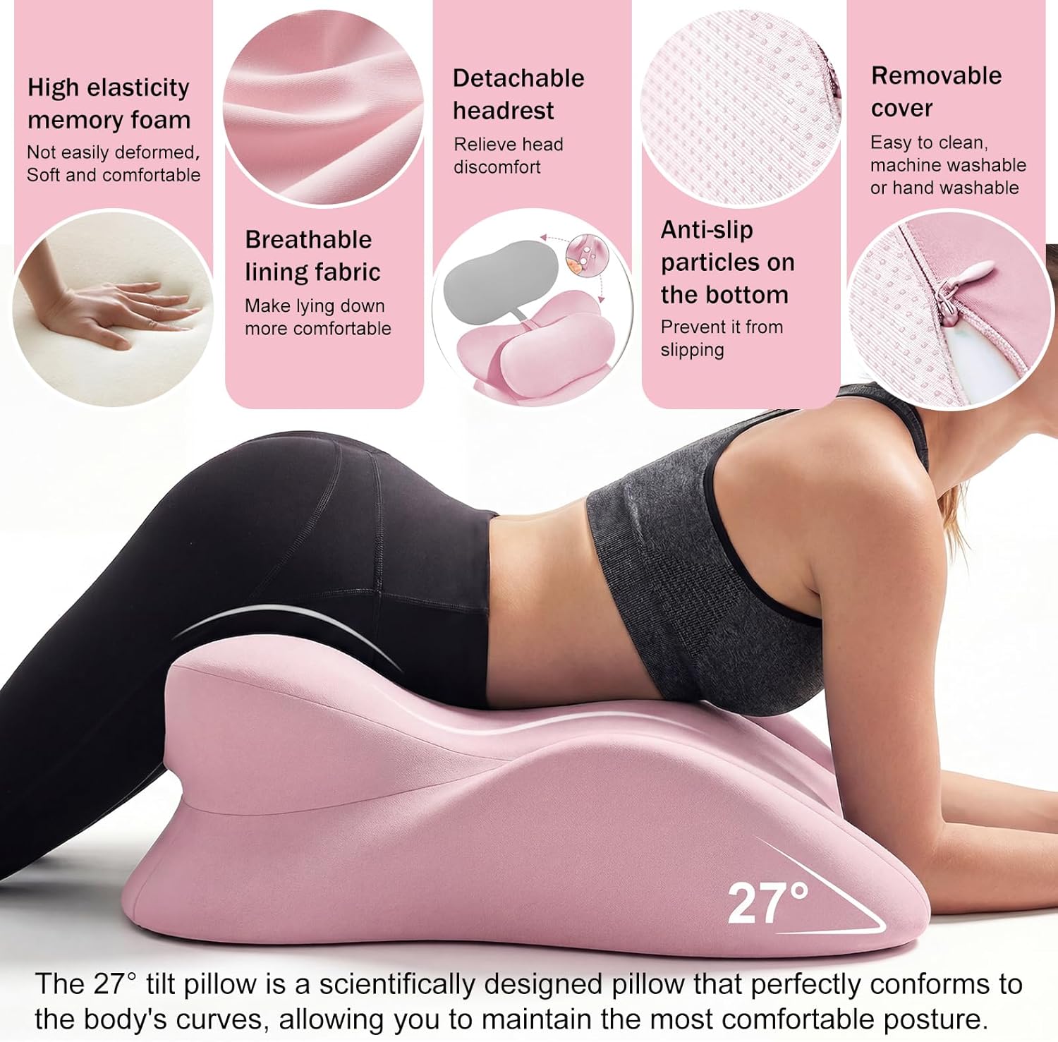 cjc Ergonomic Memory Foam Wedge Pillow Adjustable Reading Pillow for Sleeping Bed Support Prone Pillow for Back Pain with Neck Support,Multi-Position Support Pillow with Removable Cover (Pink)