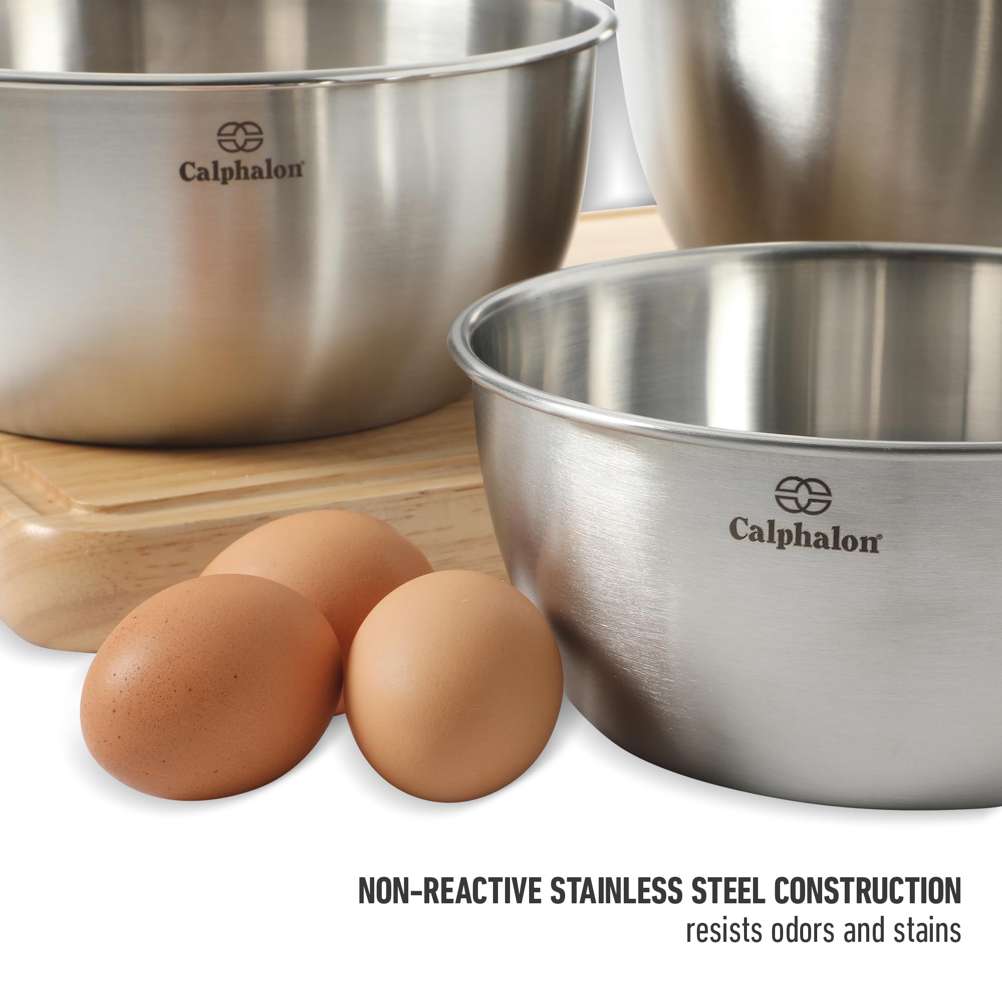 Calphalon Astro Rührschüsseln, 3-teiliges Edelstahl-Rührschüssel-Set mit mattem Finish, verschachtelte Metall-Rührschüsseln für Küche, Backen und Vorbereiten, Silber