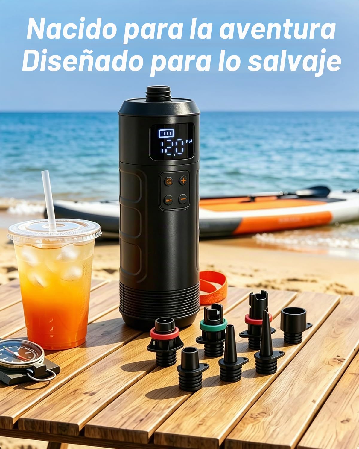 Mojimdo Bomba de Paddle Surf Eléctrica Inalámbrica hasta 12 PSI con Parada Automática, Pantalla Digital y 7 Adaptadores, Bomba Portátil para Tabla Sup, Kayak, Inflables y Tienda
