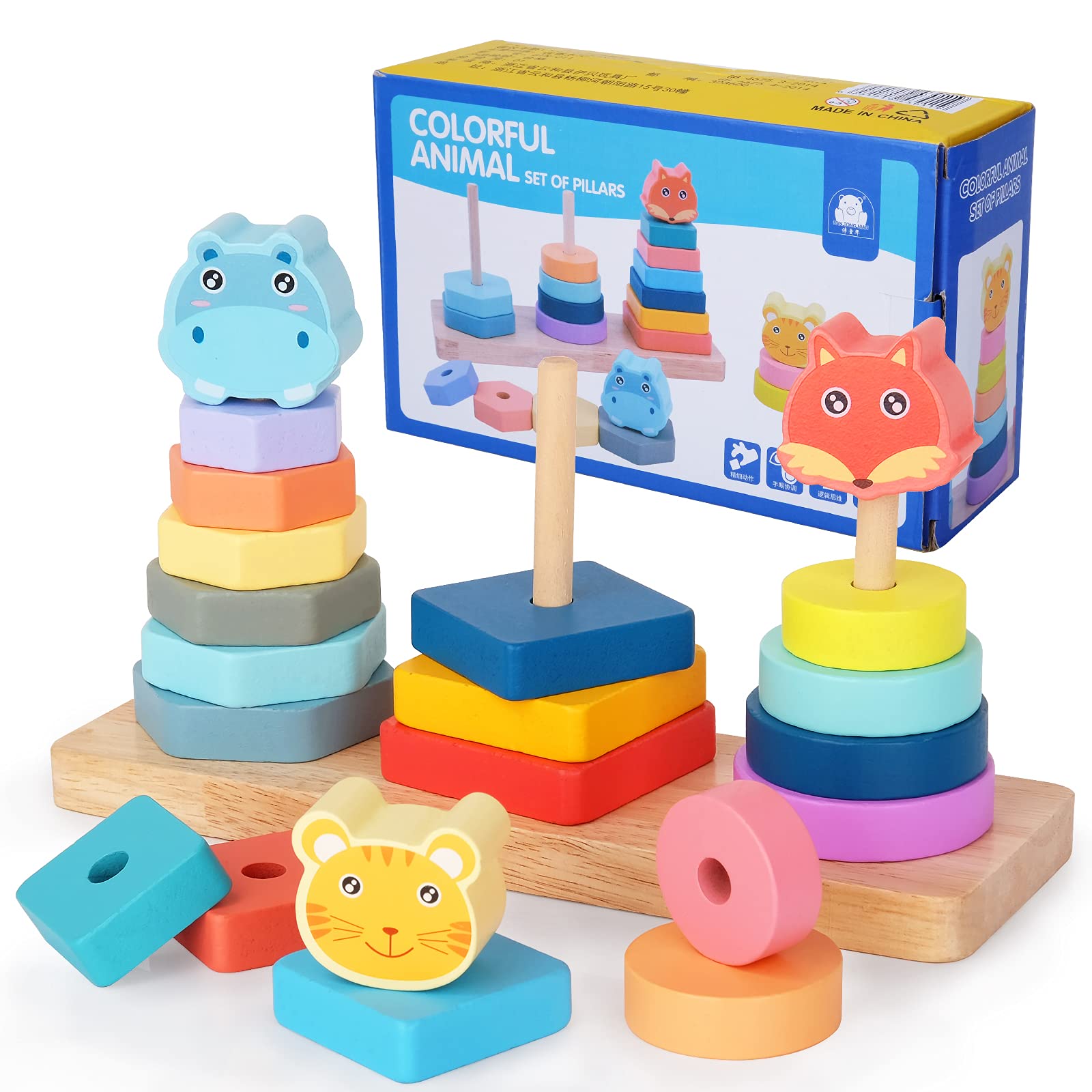 Tateangnik Wooden Sorting & Stacking Toys for Toddlers, Montessori Toys for Boys and Girls Gifts for Children Puzzle Block Toy.
