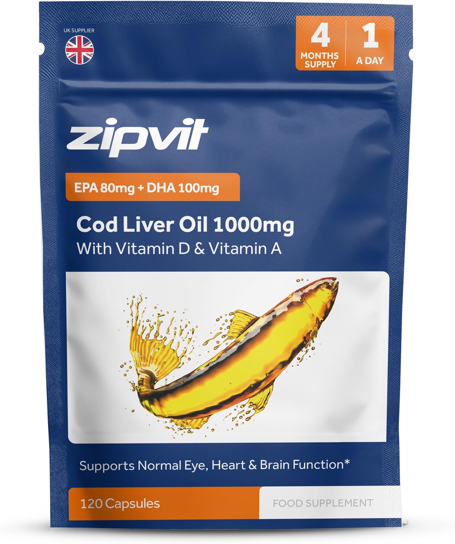 Zipvit Cod Liver Oil 1000mg, 120 Softgel Capsules, Rich in Omega-3, EPA 80mg & DHA 100mg. with Vitamins D3 & A to Support Heart, Brain, Eye Health & Immune System