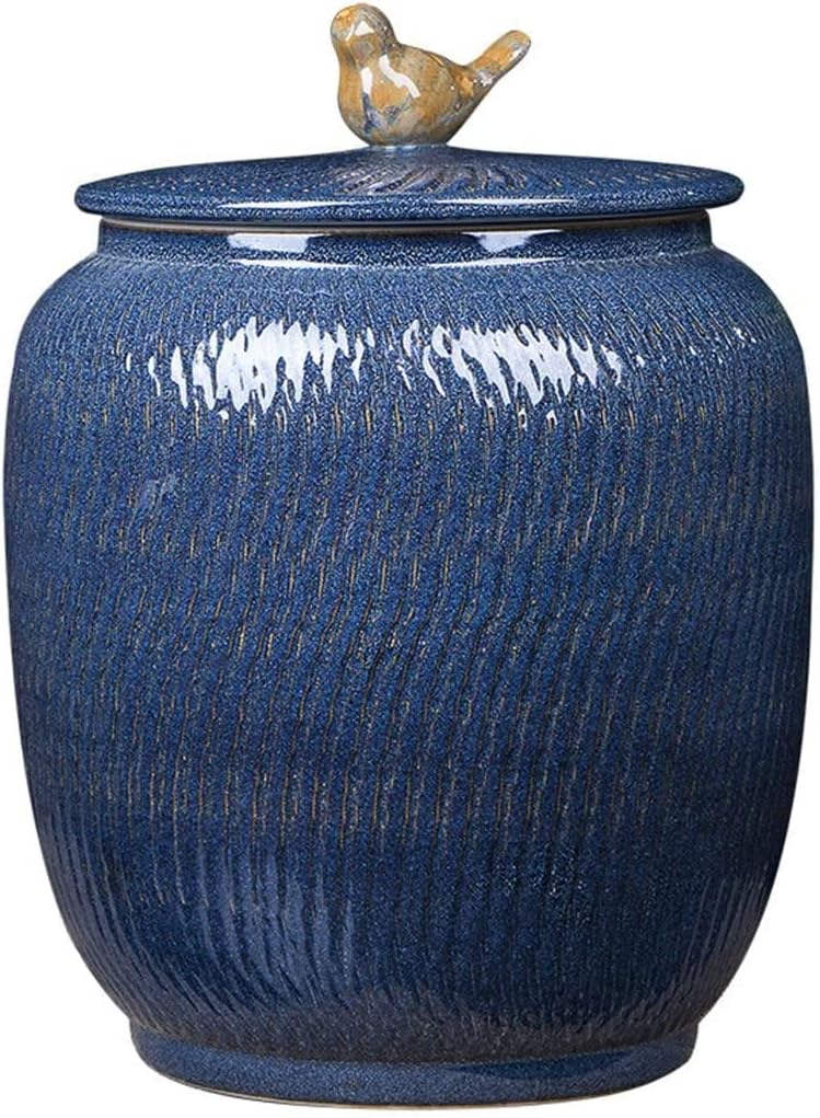 Food Storage Containe Rice Storage Containe Creative Rice Bucket with Bird Statue Home Classic Blue Handmade Ceramic Airtight Jar Kitchen Large-Capacity Cereal Dispenser (Size : 15KG) ( 10KG)
