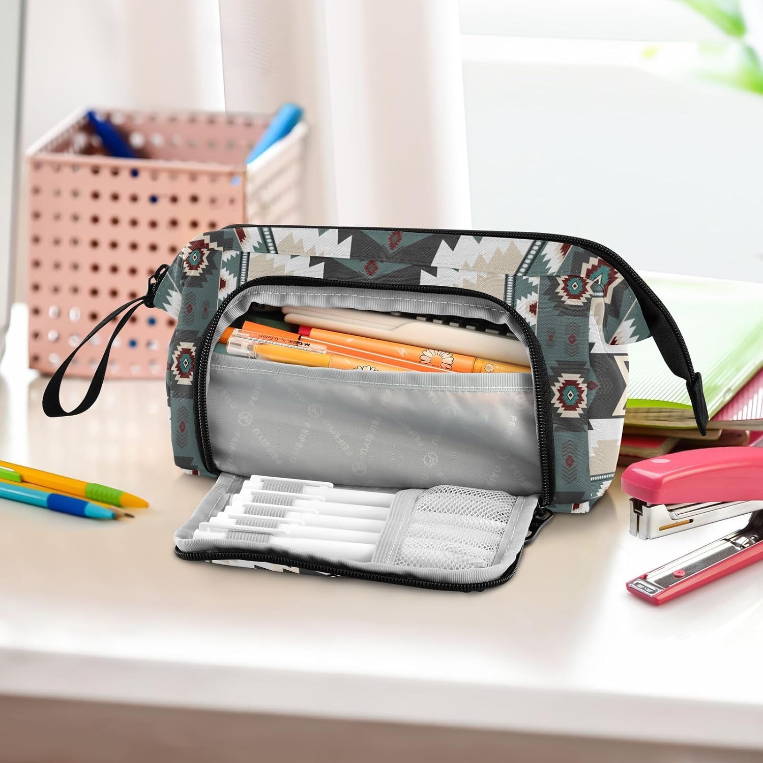 Aztec Navajo Large Capacity Pencil Case Pen Bag Pencil Pouch, Kids Printed Pencil Case with Handle Canvas Zipper Pen Pouch for School Office College Ideal Start Graduation Gifts