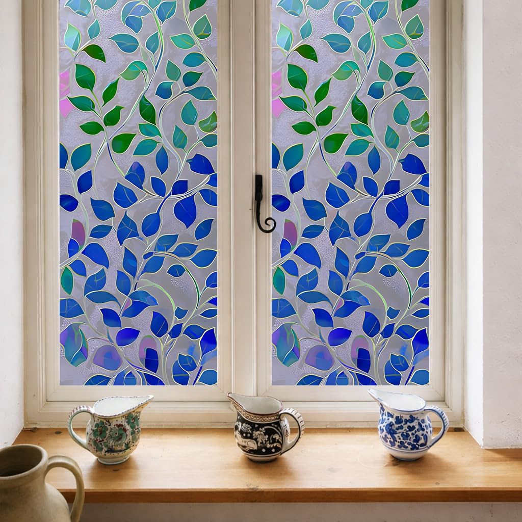 17.5x78.7in Stained Glass Window Film – Large Blue Green Leaf Decorative Window Sticker, Static Cling Privacy Film for Home, Bathroom, Office, Reusable PVC Window Decal (Blue Leaves)