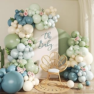 Dusty Blue Sage Green Balloon Arch Kit, 124Pcs Dusty Light Macaron Blue Sage Green and Sand White Pastel Balloons Garland Arch Kit for Birthday Baby Shower Wedding Boho Bridal Shower Party Decorations