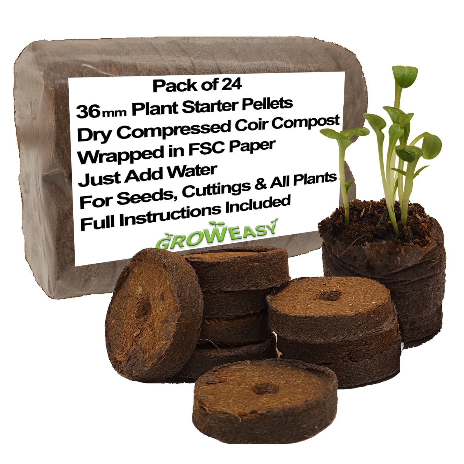 Groweasy Brown Plant Starter Pellets Size 36Mm Pack Of 24 | Grow Your Own Vegetables, Herbs And Flowers From Seed | Easy Propagation | Dry Compressed Coir Compost Wrapped In Paper