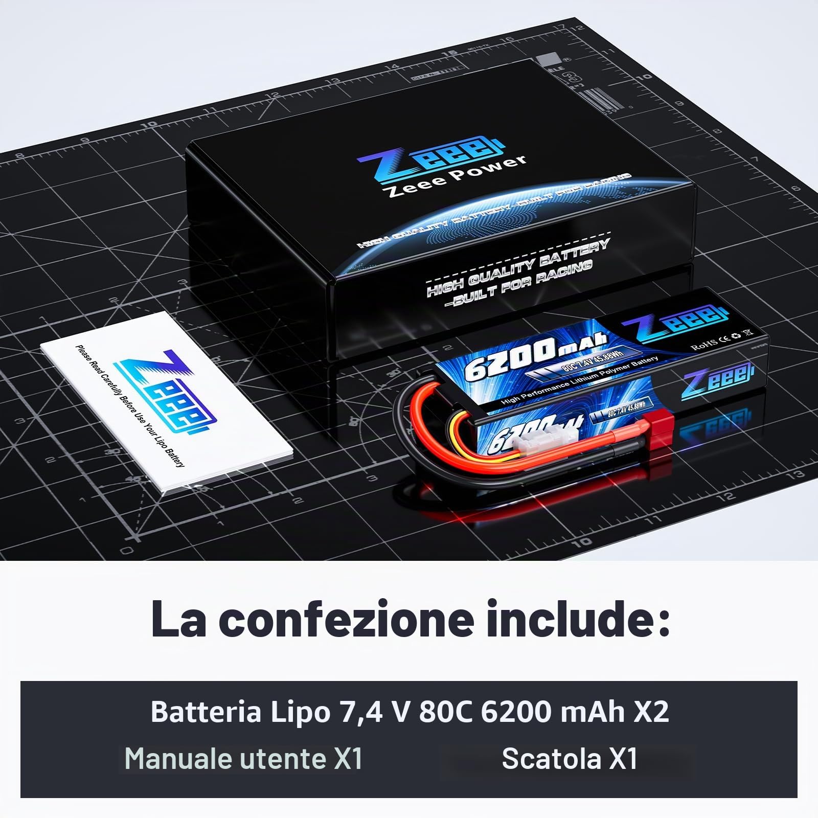 Zeee 2S Lipo 7.4V 80C 6200mAh Batteria RC Hardcase con T Plug (2 pezzi)
