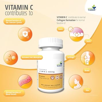 VitaThrive® Vitamin C 500mg Chewable Tablets – High Strength Vitamin C Supplement for Immune Support, Collagen Formation & Daily Wellness – Orange Flavour Chewable Tablets – 90 Tablets