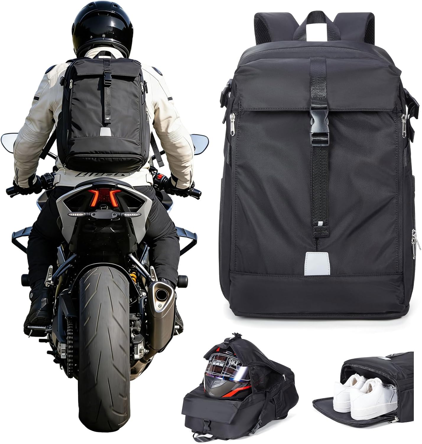 Large Black Motorcycle Backpack – Helmet Backpack for Men Women, Hi Viz EDC Commuter Bag for Riders, Night Travel, and Daily Use with Helmet Holder, Laptop Compartment, Ventilated Back, Urban Gear