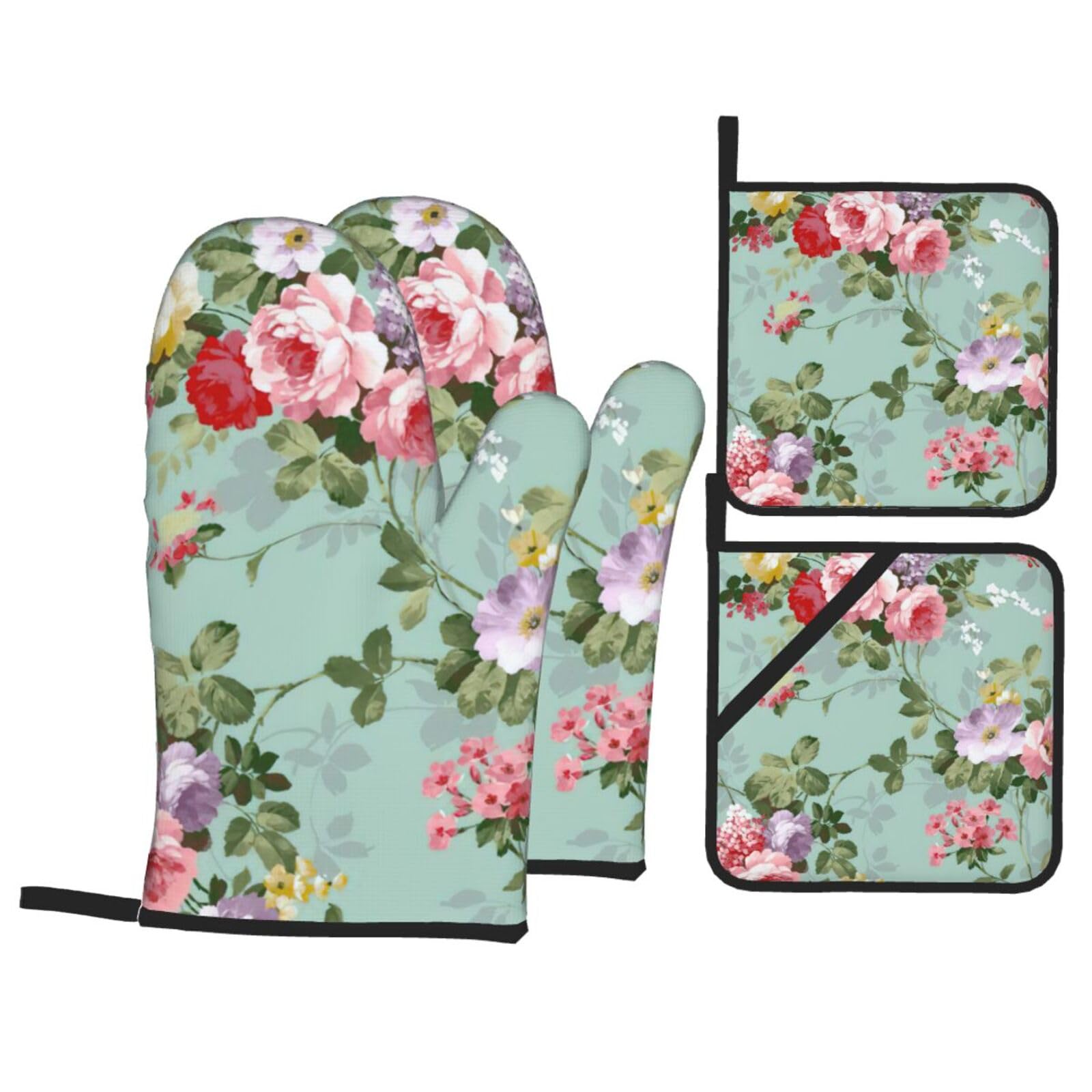 Peony Print 4-Piece Oven Microwaving Set Waterproof Kitchen Gloves for Baking Grilling Cooking
