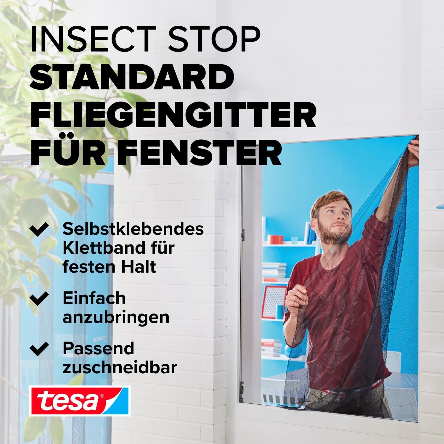 tesa Insect Stop Standard Fliegengitter für Fenster - Insektenschutz zuschneidbar - Mückenschutz ohne Bohren (3 Stück, Anthrazit (Durchsichtig), 1,5m:1,8m)
