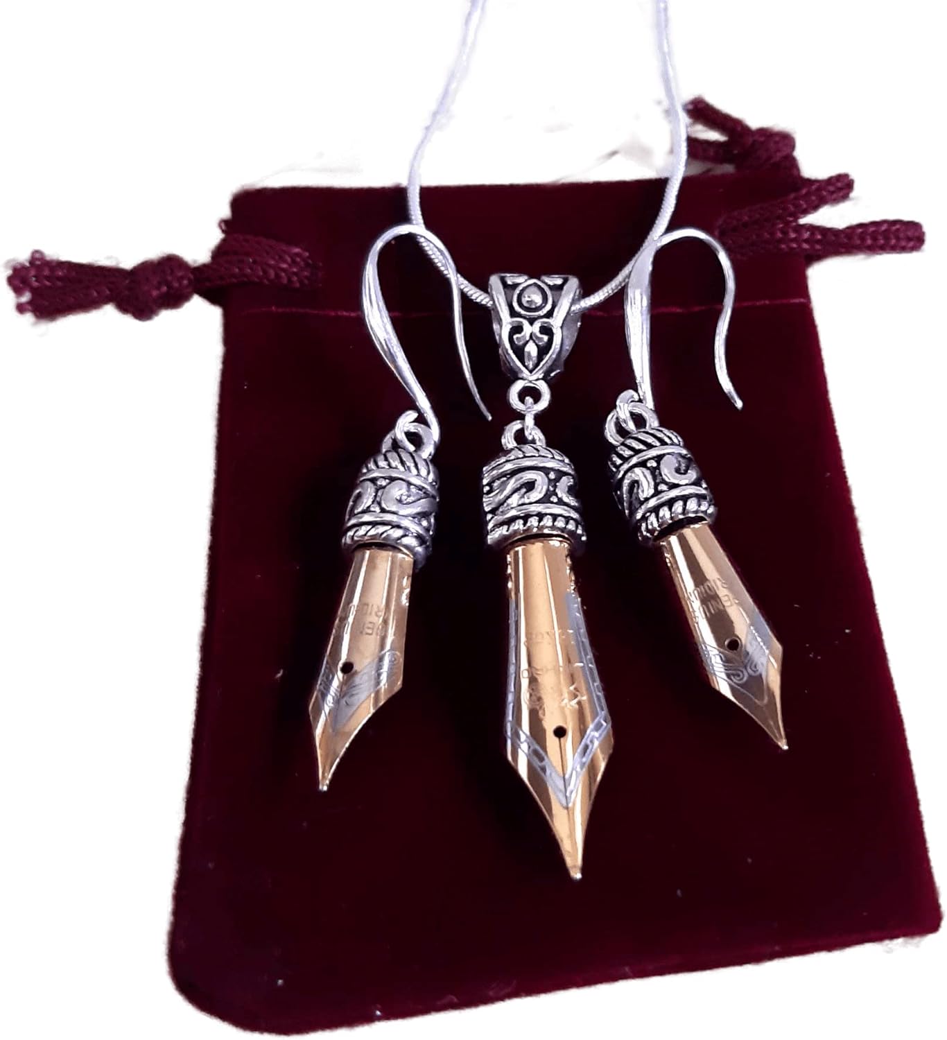 Set of Pen nib Earrings and Necklace with Silver 925 ear wires in Gold or Silver color in a Velvet pouch as a gift for writer, calligrapher