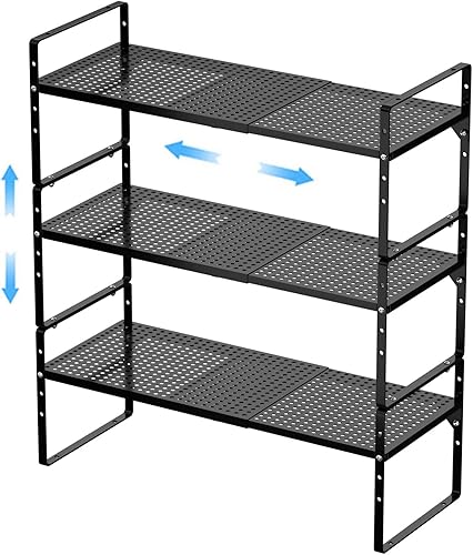 Paquete de 3 organizadores de estantes de gabinete de cocina expandibles, estantes de almacenamiento de despensa de metal apilables, estante
