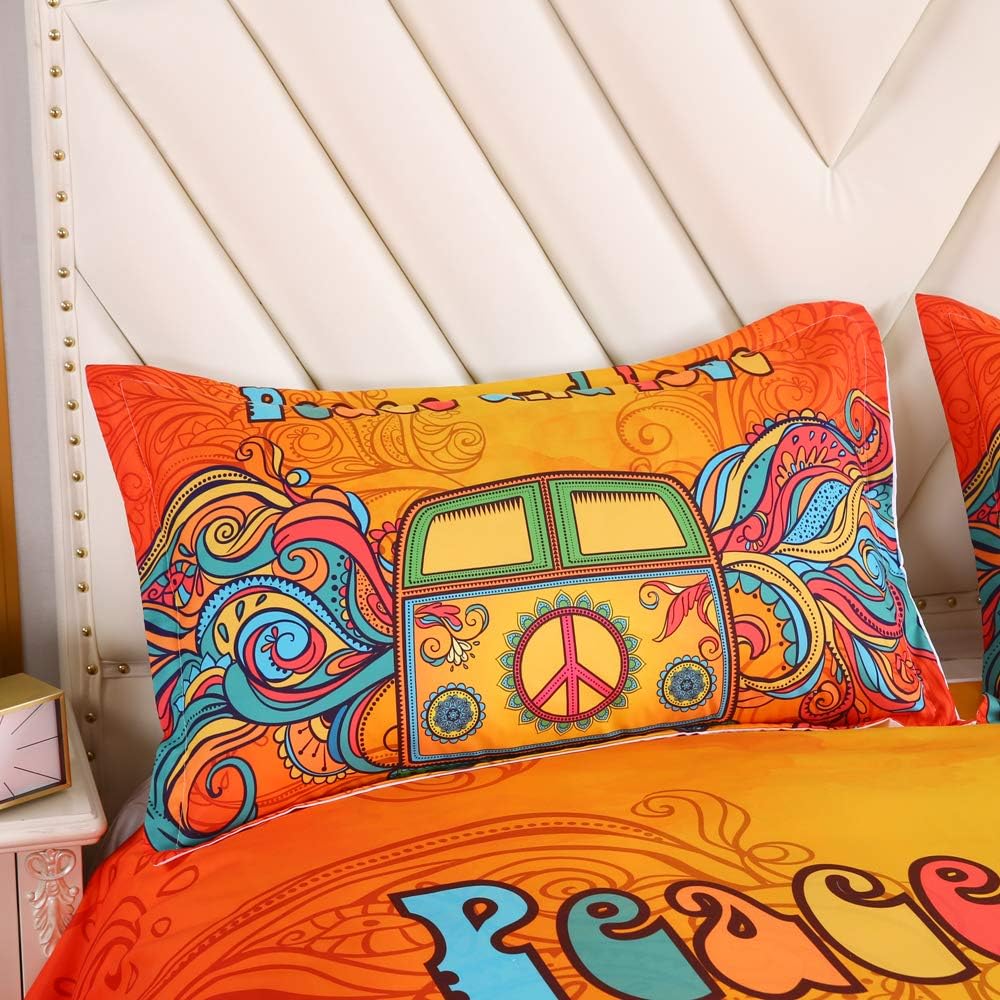 Bеѕt Cуbеr Mоndау 🔥 Suncloris,Hippie Psychedelic Camper Van Peace Sign,Bedding Boys Girls Watercolor Colorful Art Duvet Cover Set,Included:1 * Duvet Cover,2 * Pillowcase(no Comforter Inside) (Queen)