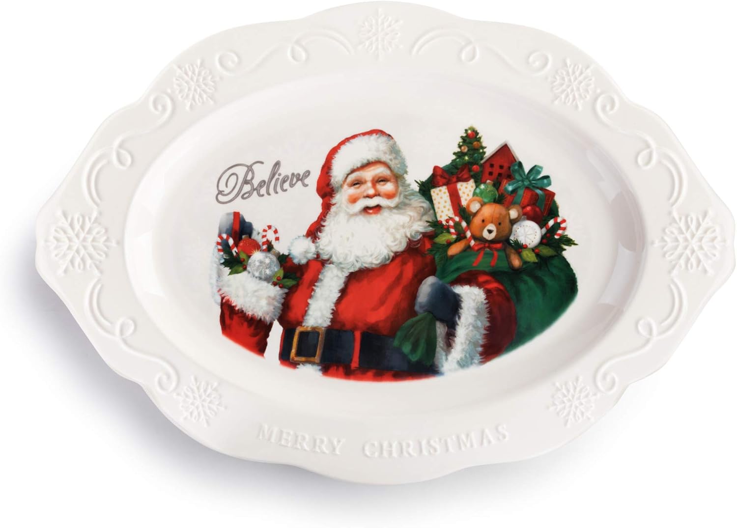  | Demdaco Believe Red Santa Oval 20 x 14 Stoneware Serving Dish Platter: Platters