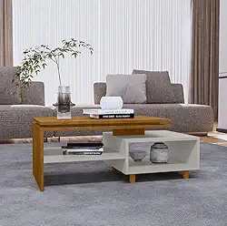 Mesa de Centro Lima Moderna, Branco e Madeira, Estilo Contemporâneo, decorativo