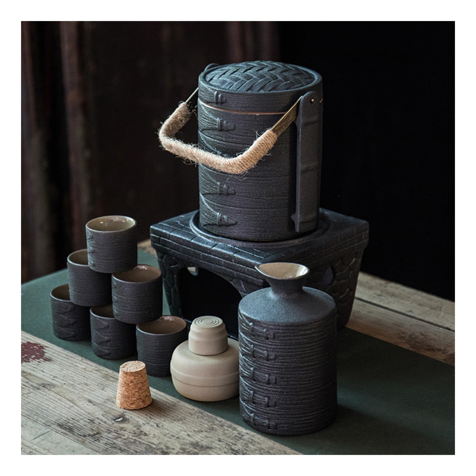 Set di 9 sakè in Ceramica Grezza con teiera riscaldante e teglia per Candele, Set di sakè in Ceramica Nera Smaltata Giapponese per tè Freddo/Caldo/Shochu/Nero