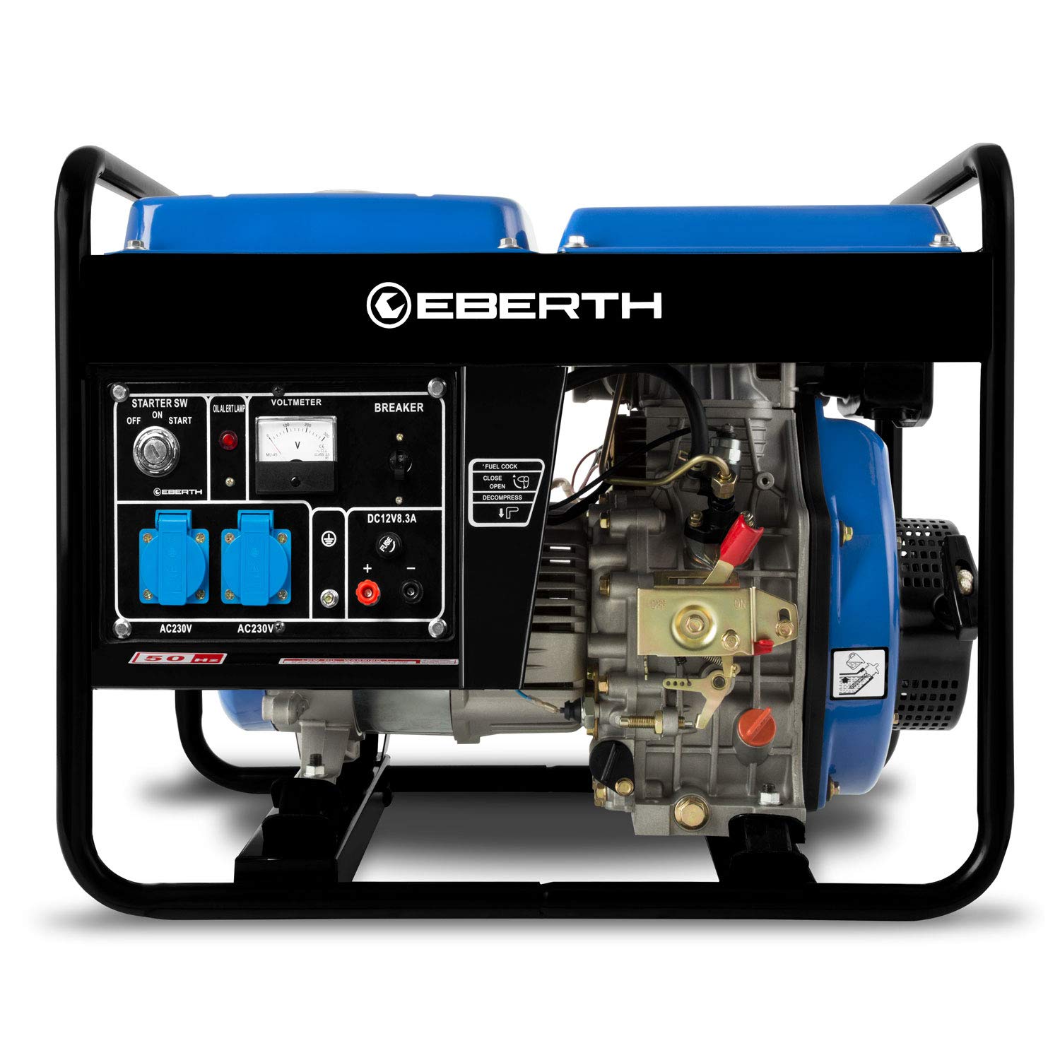EBERTH Awaryjny agregat prądotwórczy 3000 W, agregat prądotwórczy z silnikiem wysokoprężnym 5,7 KM, 4-suwowy, E-starter, 2 x 230 V, 1 x 12 V, automatyczny regulator napięcia AVR, zabezpieczenie przed