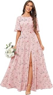 Women's Chiffon Bridesmaid Dresses with Slit Scoop Neck Flutter Sleeve Long Formal Wedding Guest Dress with Pockets - Buy now