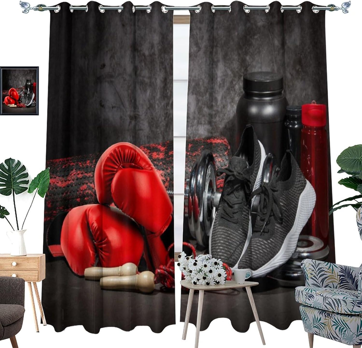 Modern Sport Boxing Theme Curtains Abstract Gloves Fighting Match Ring Arena Window Drapes Rod Pocket Curtains Darkening Thermal Insulated for Living Room 2 Panels 63" L x 31.5" W