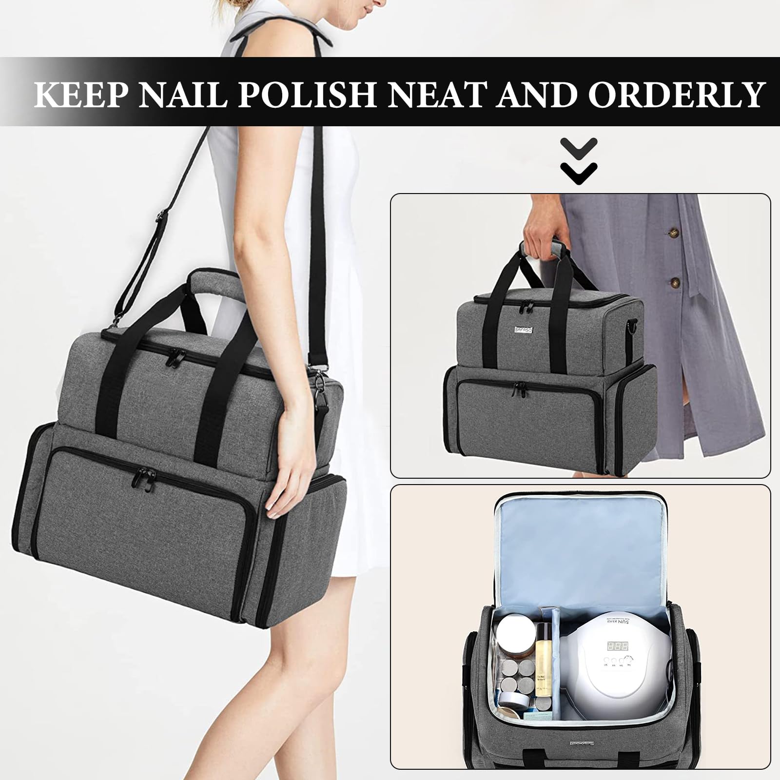 Organizer Smalti per Unghie, Adatto per 80 Flaconi (15 ml) e Lampada Unghie UV, Borsa Organizer per Smalti, Valigetta porta Smalti per Unghie Borsa da Viaggio con 2 Tasche Rimovibili, Grigio