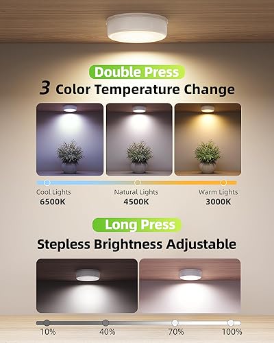 Miniatura 5 de EZVALO - Paquete 6 luces LED de disco, adhesivas, recargables, inalámbricas, clóset, 3 colores temperatura, debajo gabinetes, 2.5 pulgadas,