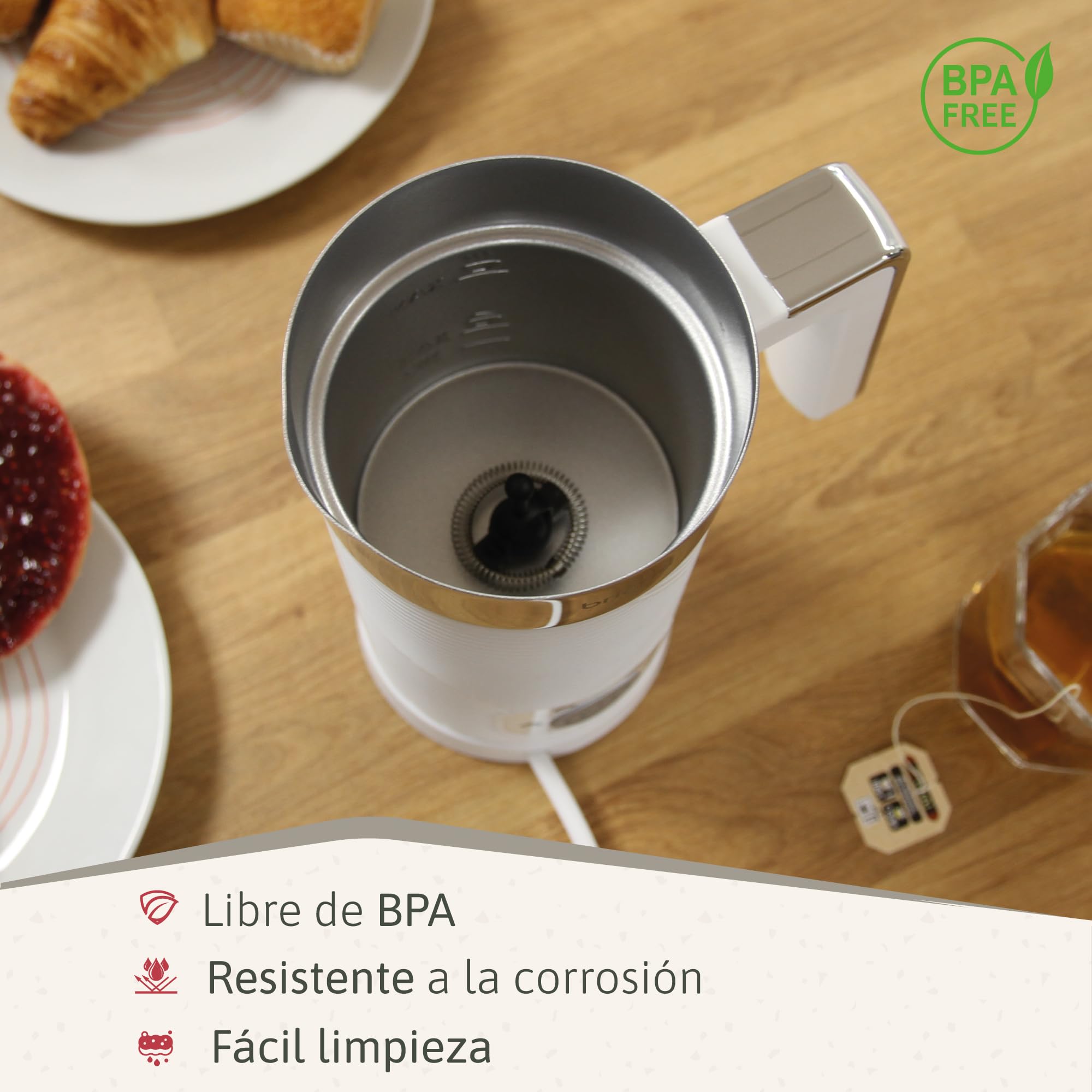 briebe Elegance Espumador de Leche Eléctrico Calentador 4 en 1, Espuma Fría/Caliente 130ml para Café Latte, Capuchino, Macchiato, Leche Caliente 300ml, Milk Frother, Libre BPA, 500W, Diseño Blanco